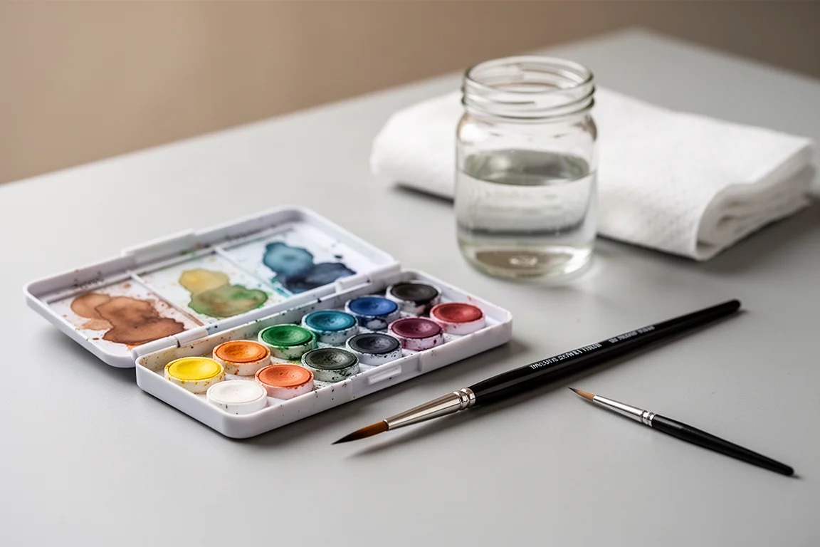 Aquarellpalette mit runden Näpfchen und einem Rundpinsel auf einem Schreibtisch