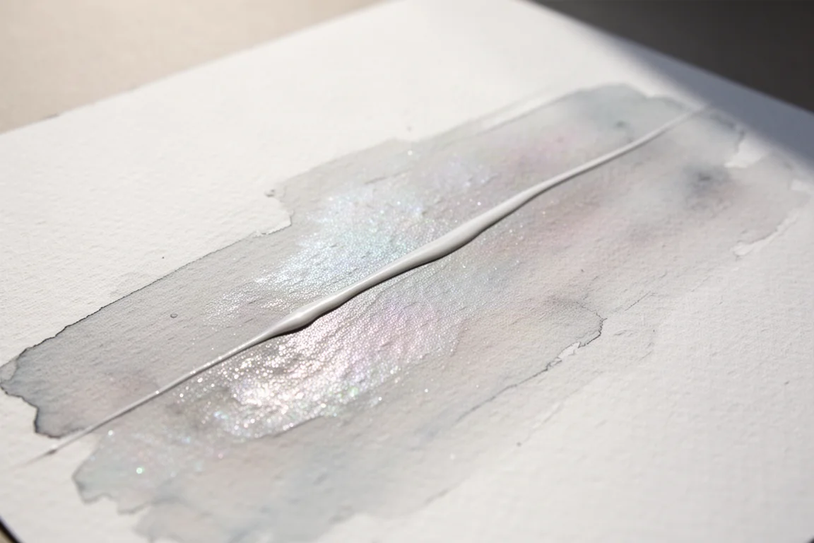 Kleines Aquarelldetail mit perlschimmerndem Glanz, trocknend auf dem Papier