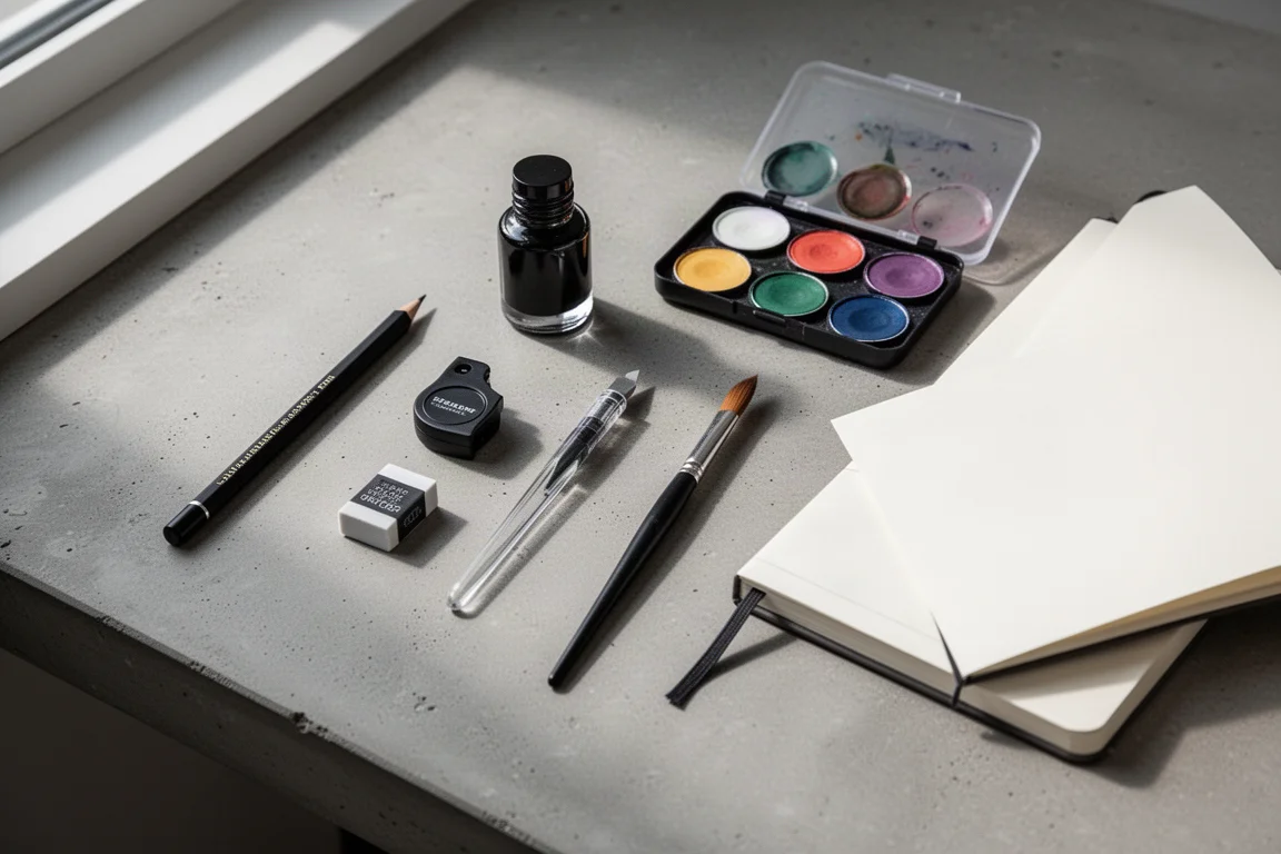 Flat-Lay von Kunstbedarf mit Bleistift, Radiergummi, Ink, Palette, Pinsel und Skizzenbuch