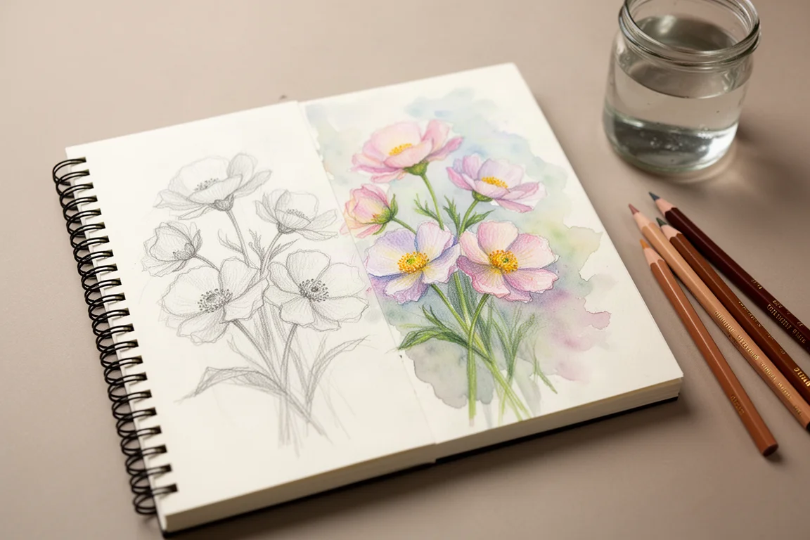 Lösa akvarellpenneskisser av blommor med våta pigmentliknande höljen