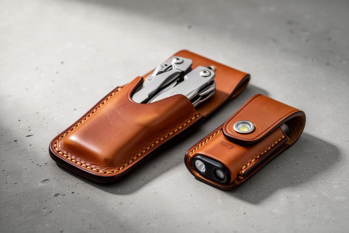 Lederholster mit Multitool und Taschenlampe auf einem Tisch