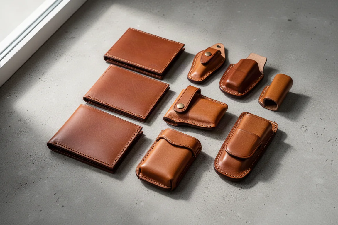 Flat-lay of handmade leather wallets, sheaths and holsters on concrete