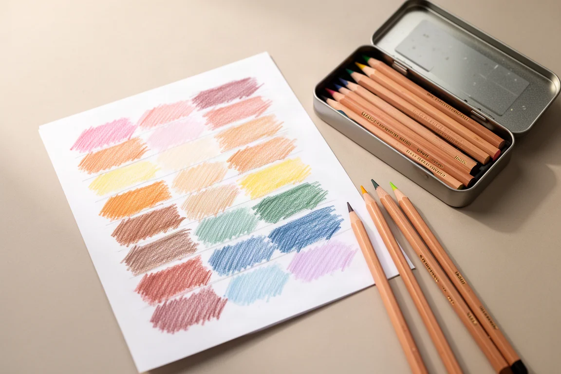 開いた色鉛筆セットのそばで、アーティストが試し描きシートに色をスウォッチしている