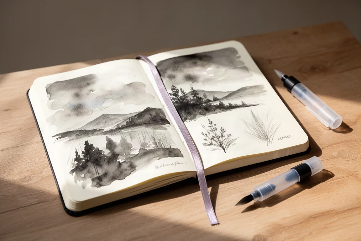 攤開的素描本,紋理頁面上有水彩暈染與墨水習作