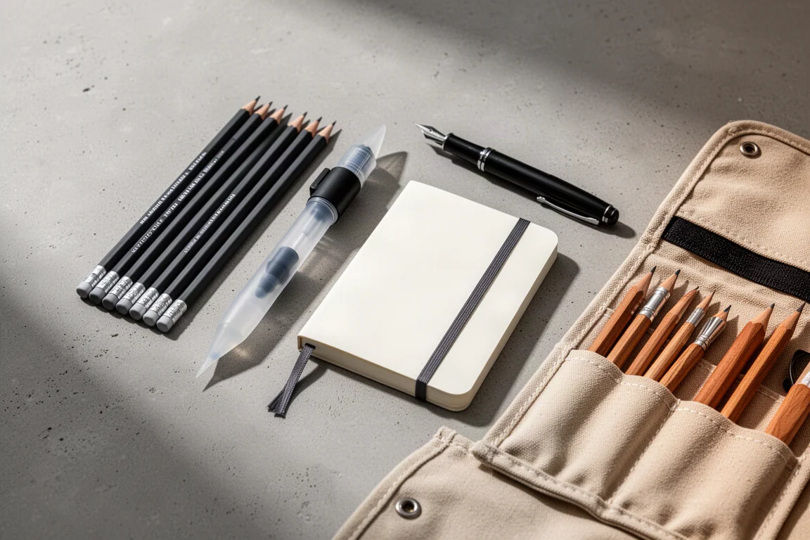Flat-lay of artist gift items including pencils, water brush, fountain pen, sketchbook and tool roll on concrete