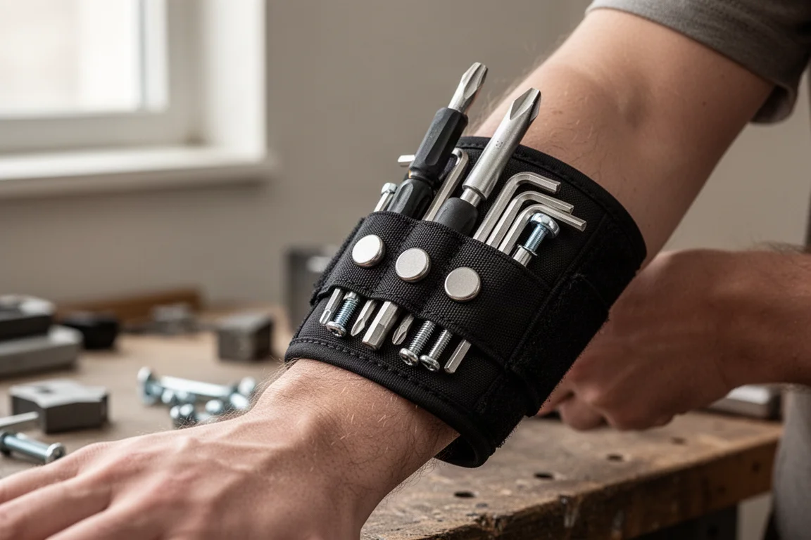 Brazalete magnético porta herramientas cargado de destornilladores en un antebrazo