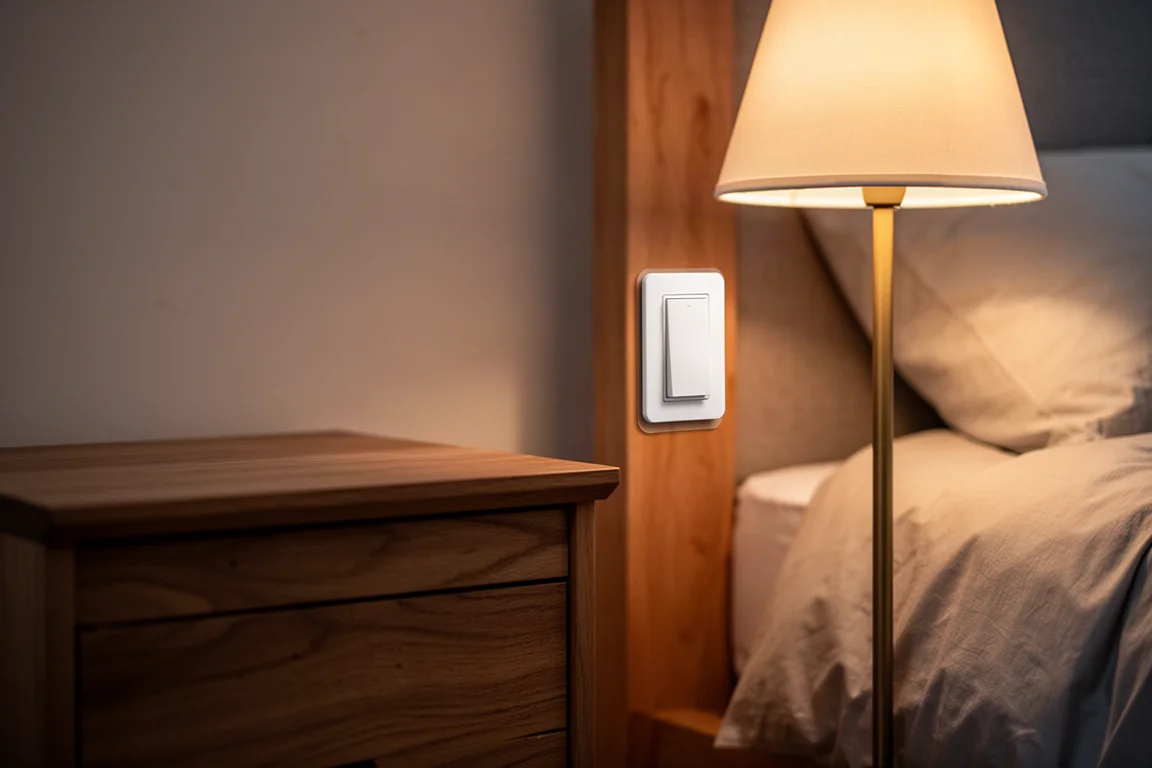 Panel de interruptor remoto pegado a una mesita de noche junto a una lámpara de pie encendida