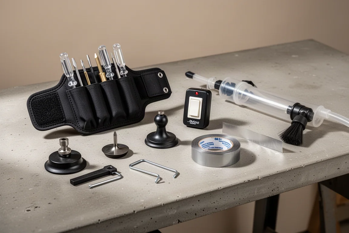 Collection of classic infomercial tools arranged on a concrete workbench