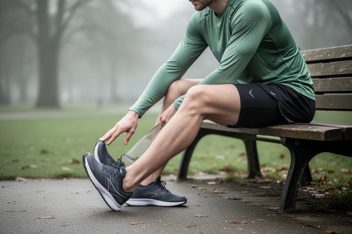 Coureur s'étirant près d'un banc de parc après une course de récupération facile