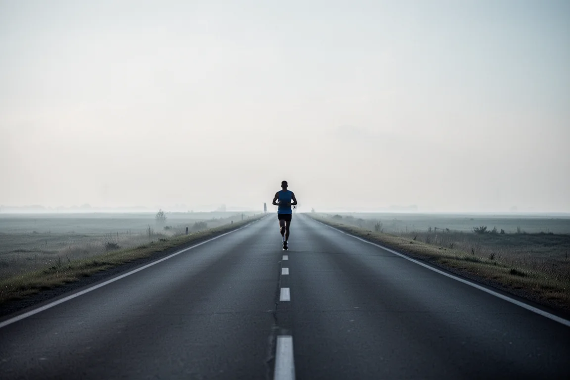 Coureur sur une longue route ouverte s'étendant vers l'horizon