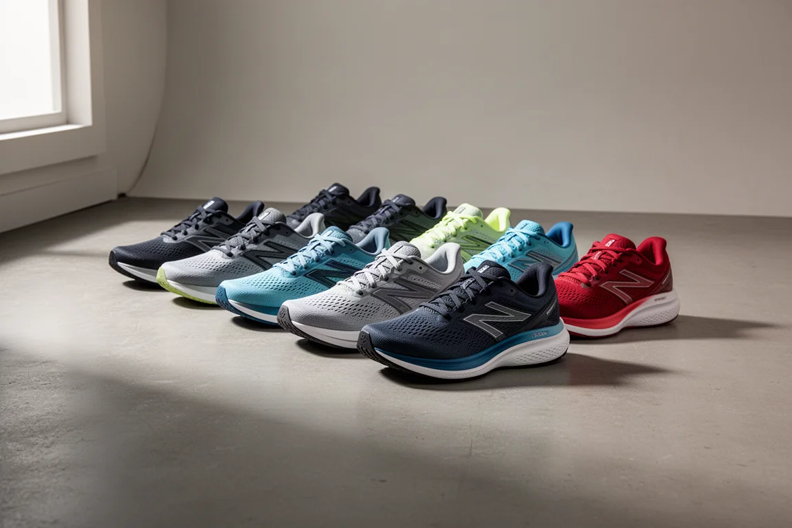 Lineup of eight modern running shoes on a matte grey studio floor