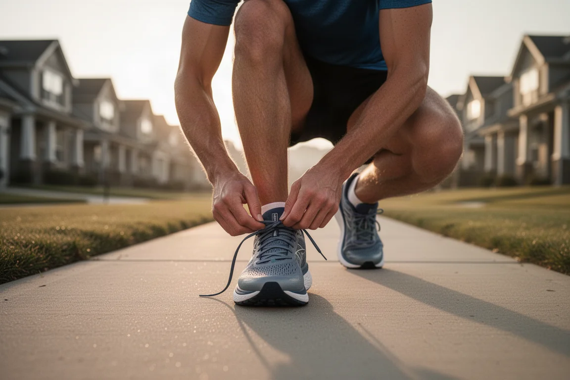 Runner che allaccia una scarpa da allenamento quotidiano ammortizzata su una strada di periferia all'alba