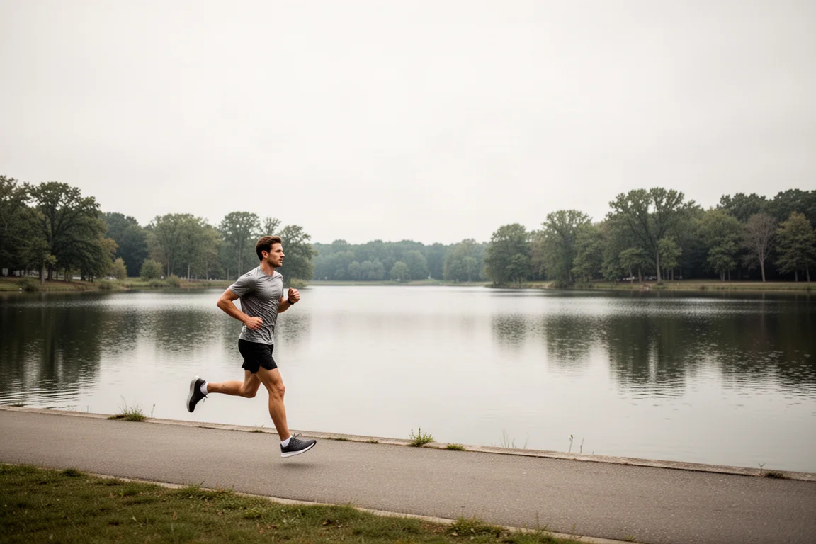 Runner che corre lungo un sentiero sul lago durante una lunga corsa facile