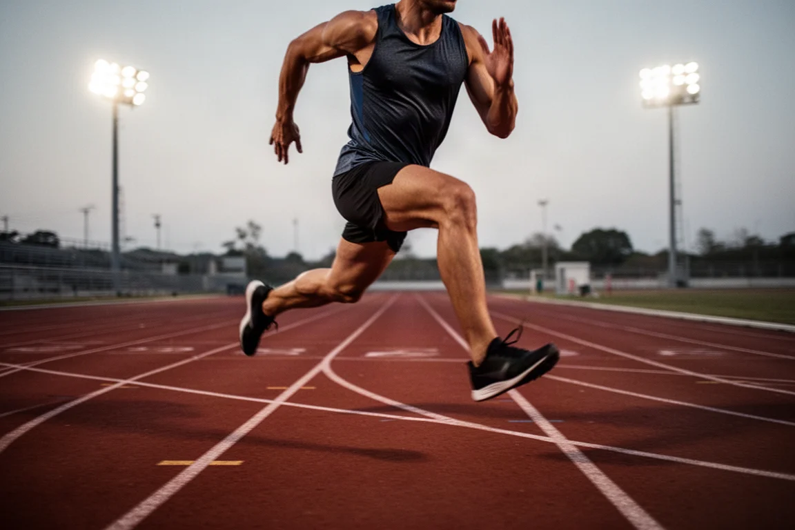 Atleta che corre ripetute in pista su una pista di gomma rossa al tramonto