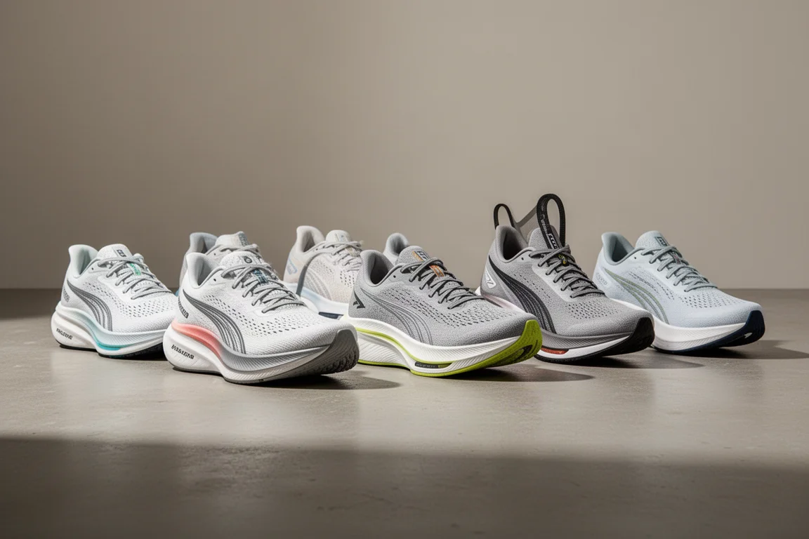 Six ASICS running shoes arranged in a row on a concrete surface