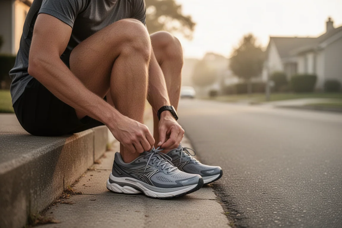 Un corridore allaccia una scarpa da running ampia e ammortizzata su un marciapiede cittadino all'alba