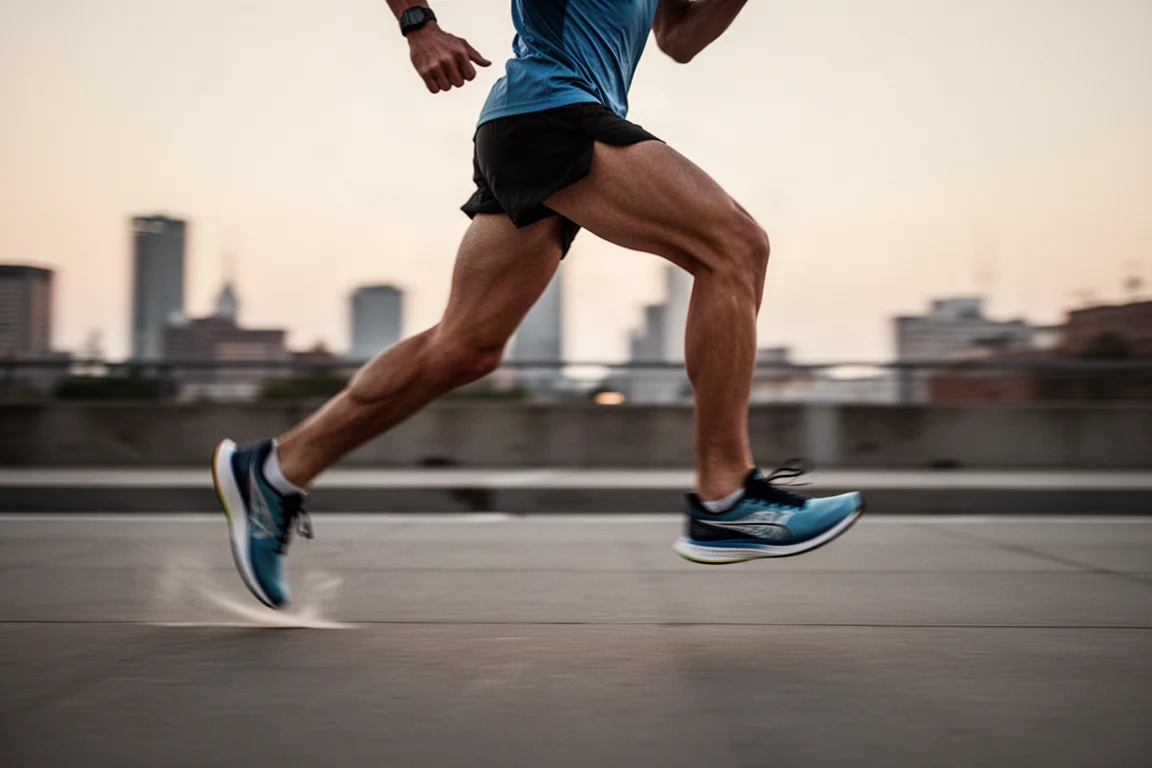 Primer plano del tacón de la mediana amortiguada de una zapatilla de running apoyada sobre asfalto