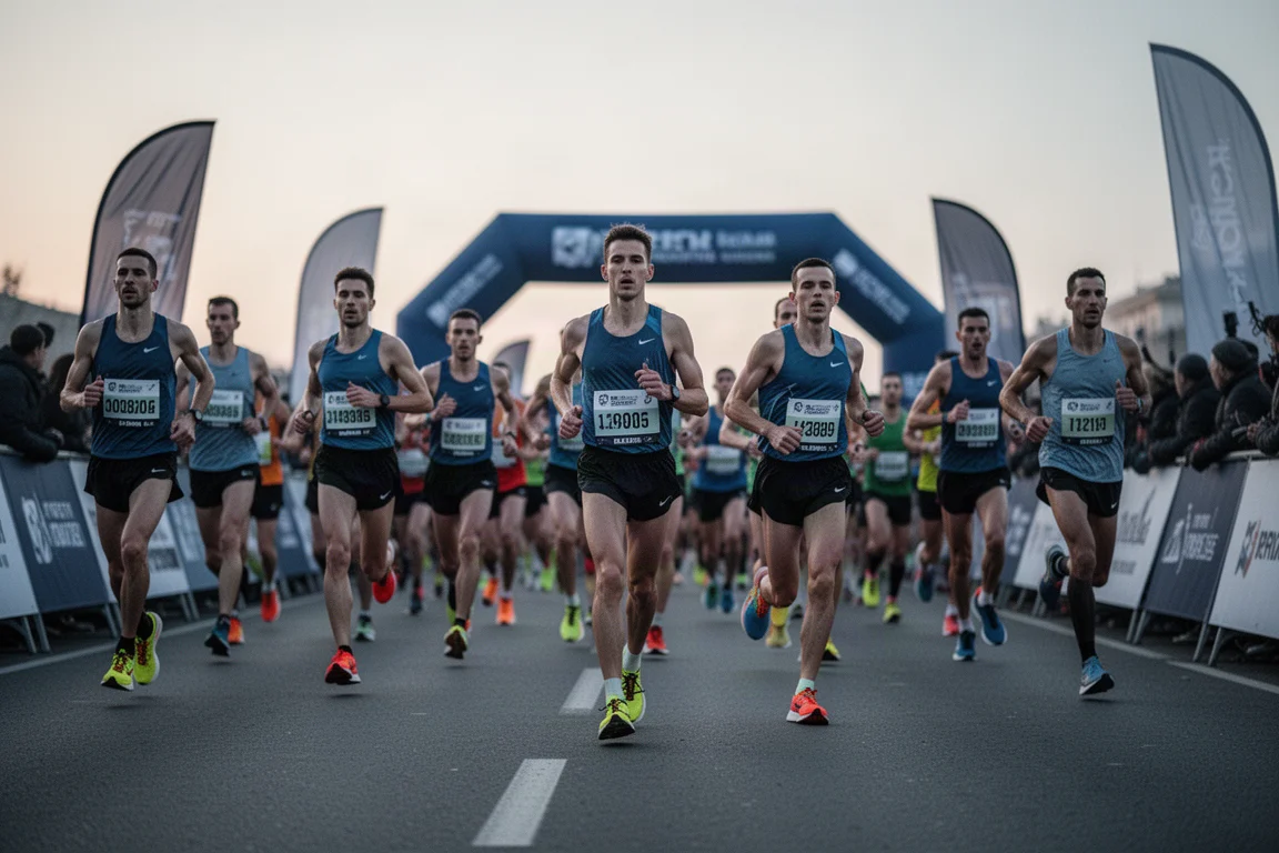 Primer plano de zapatillas de competición en la línea de salida de una carrera urbana en carretera