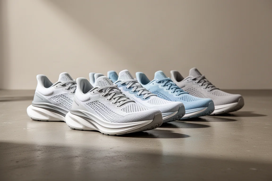 Reihe moderner Asics-Laufschuhe mit dicken Schaumstoff-Zwischensohlen auf einem Betonboden im Studio