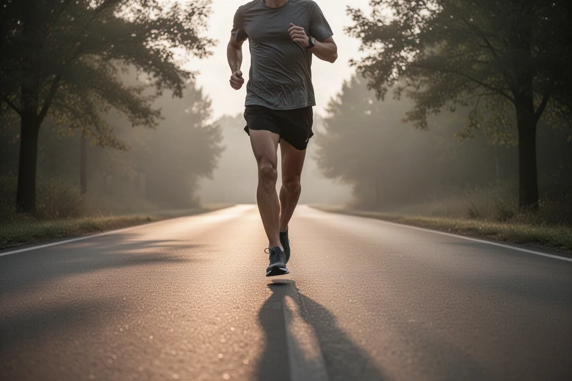 Läufer joggt gleichmäßige lockere Kilometer auf einer stillen Asphaltstraße im sanften Morgenlicht