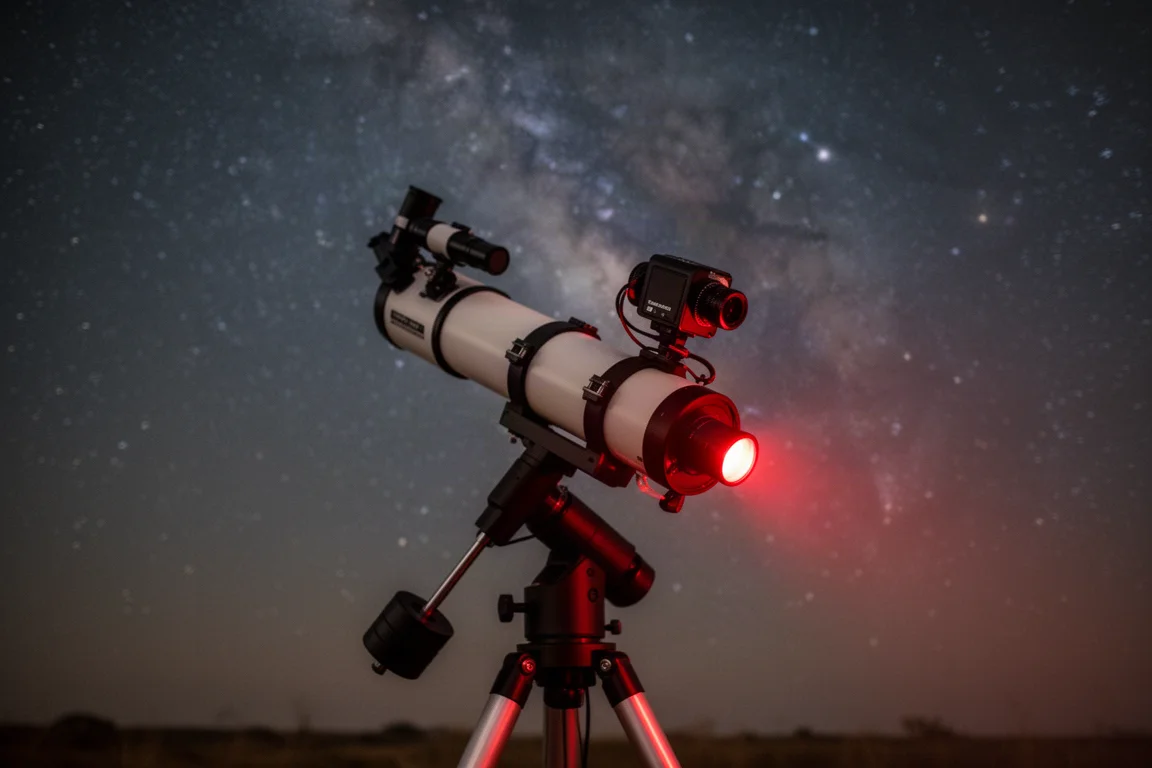 Astrofotografie-Setup für Deep-Sky-Aufnahmen mit Teleskop und Kamera unter sternenhimmel