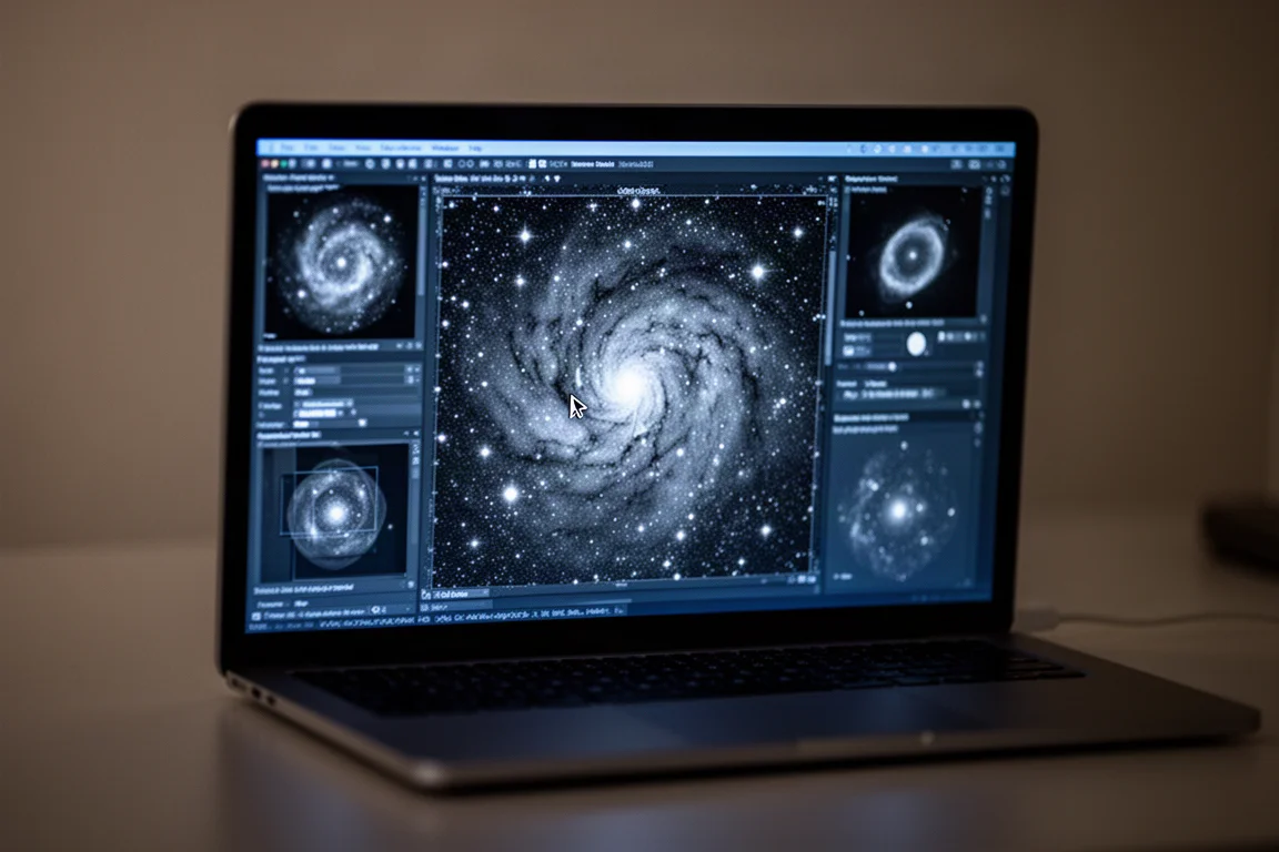 Nahaufnahme eines Laptopbildschirms mit gestackten Bilddaten während der Bearbeitung
