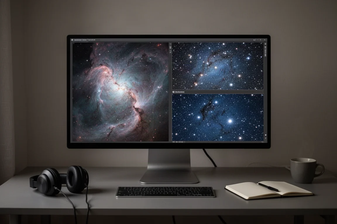 Astrofotograf prüft gestackte Nebelbilder auf einem großen Monitor