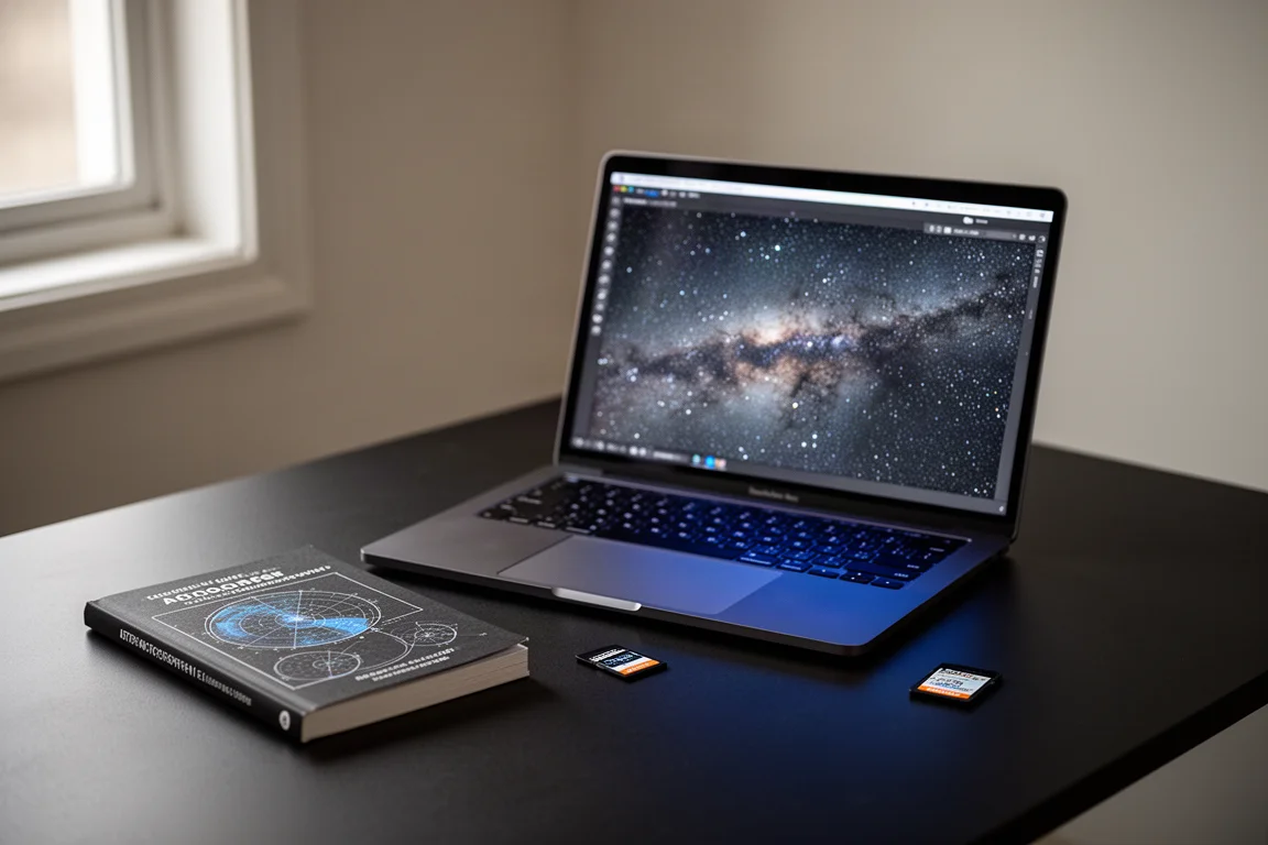 Laptop con un'immagine di campo stellare su una scrivania buia accanto a una guida