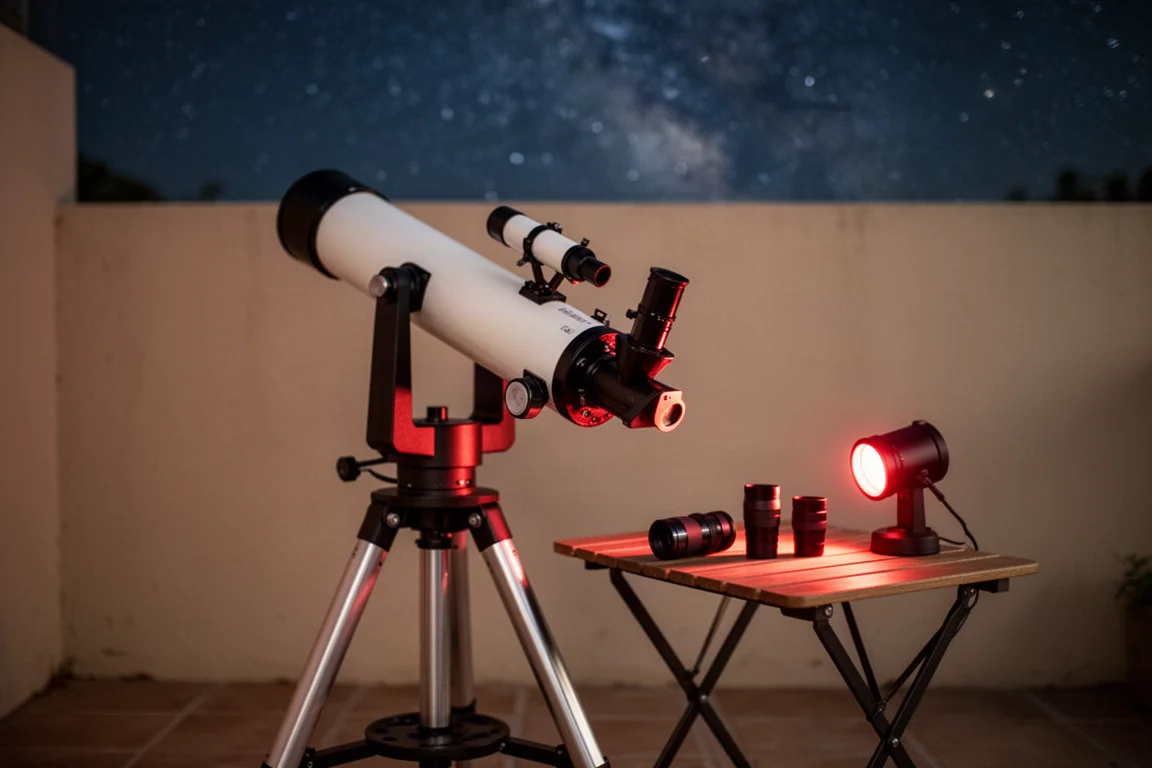 Beobachtungs-Setup eines Astronomen mit Teleskop-Okularablagen bei Nacht