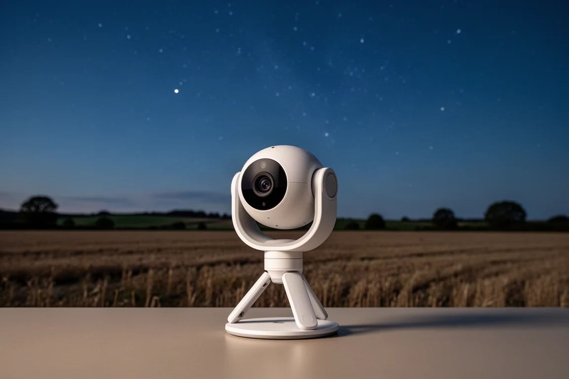 Kompaktes Smart Telescope auf einer flachen Oberfläche unter einem sternklaren Nachthimmel aufgebaut