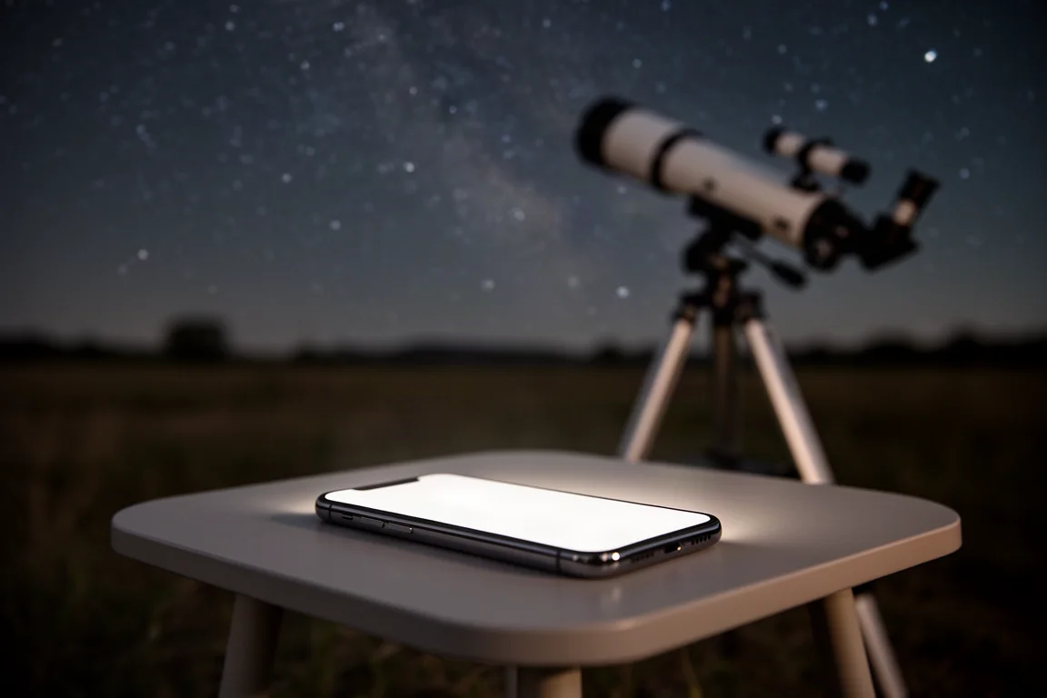 Smartphone-App mit einem Smart Telescope verbunden, das eine Live-Deep-Sky-Ansicht zeigt