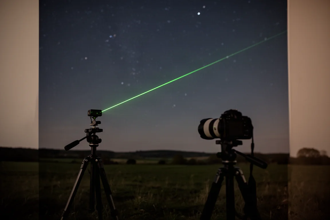 Grüner Laserpointer-Strahl während der Polausrichtung Richtung Nachthimmel gerichtet