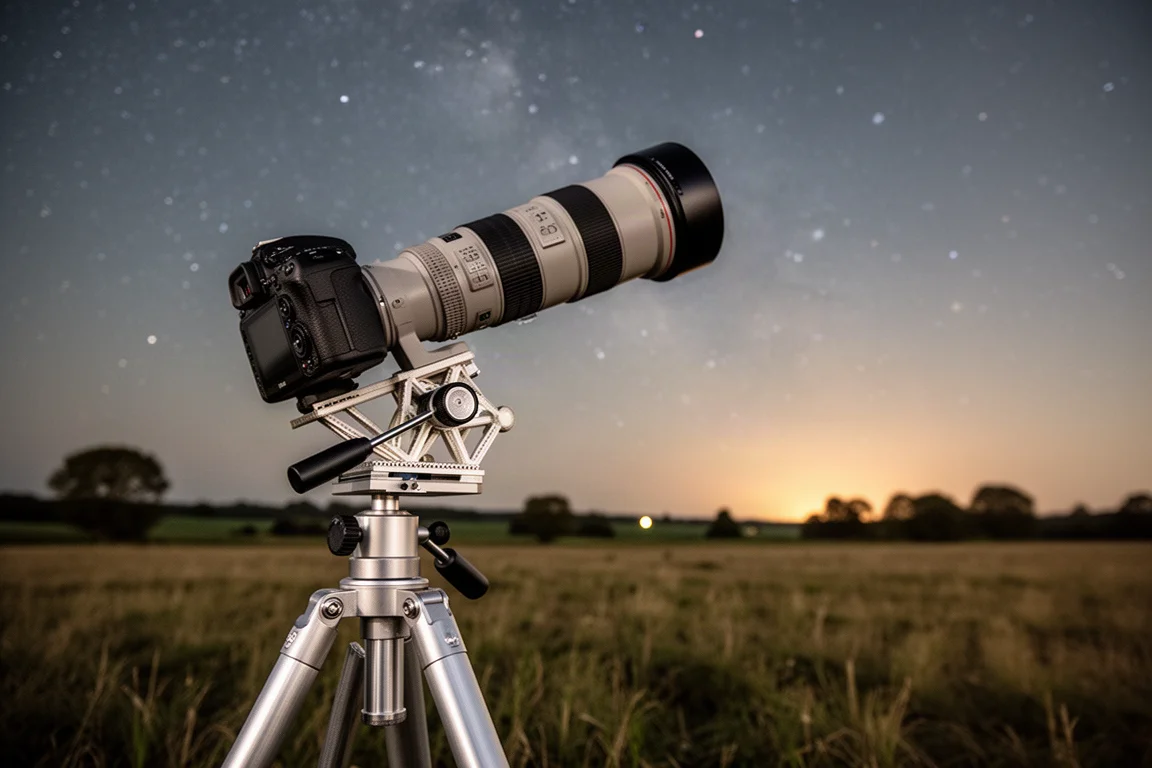 DSLR mit Zoomobjektiv nachts auf einem Stativ auf einen Sternhaufen gerichtet