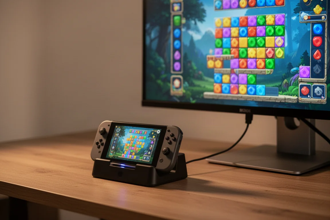 Handheld-console in de dock, spelend op een grote monitor aan een net bureau