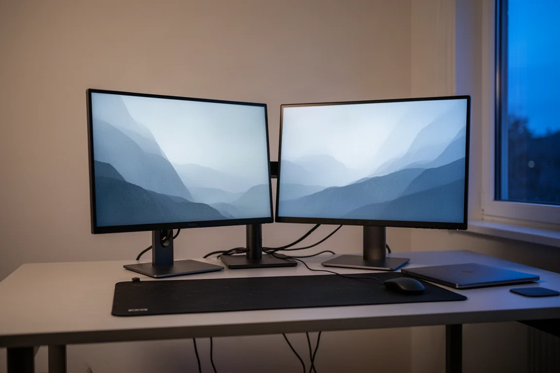 Bureau met dubbele monitoren, nette kabelgeleiding en zachte verlichting