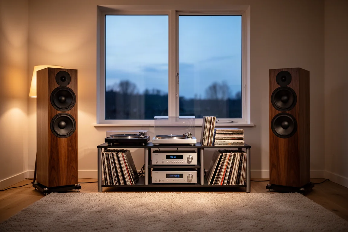 Sala de audição com iluminação aconchegante, caixas torre, rack de equipamentos e toca-discos ao anoitecer