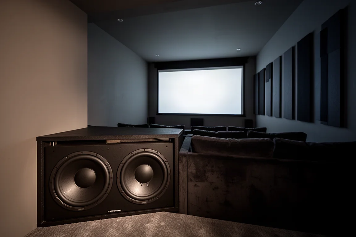 Sala de home theater escura com um subwoofer grande no canto frontal e uma tela levemente brilhante