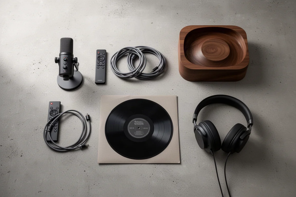 Visão superior de microfone de calibração, controle remoto, cabo de caixa, disco de vinil e fones