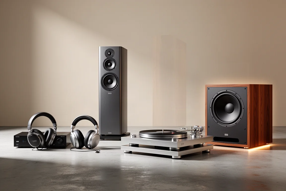 Grouped high-end audio components including a processor, headphones, speaker, turntable and subwoofer