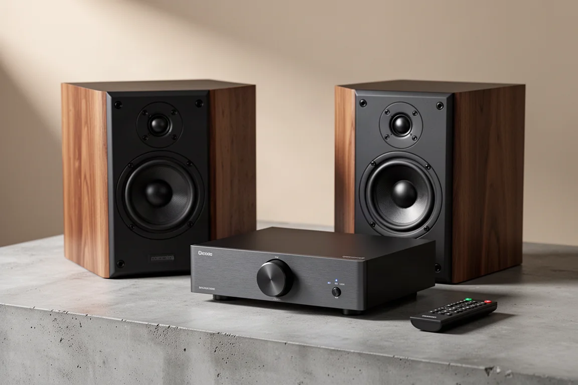 Compact bookshelf speakers, a slim integrated amplifier and a remote on a concrete surface