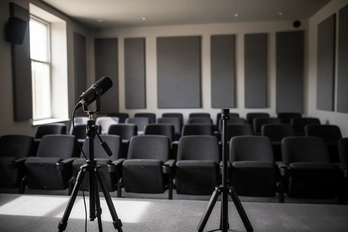 Calibration microphone on a stand in a dim home theater listening room