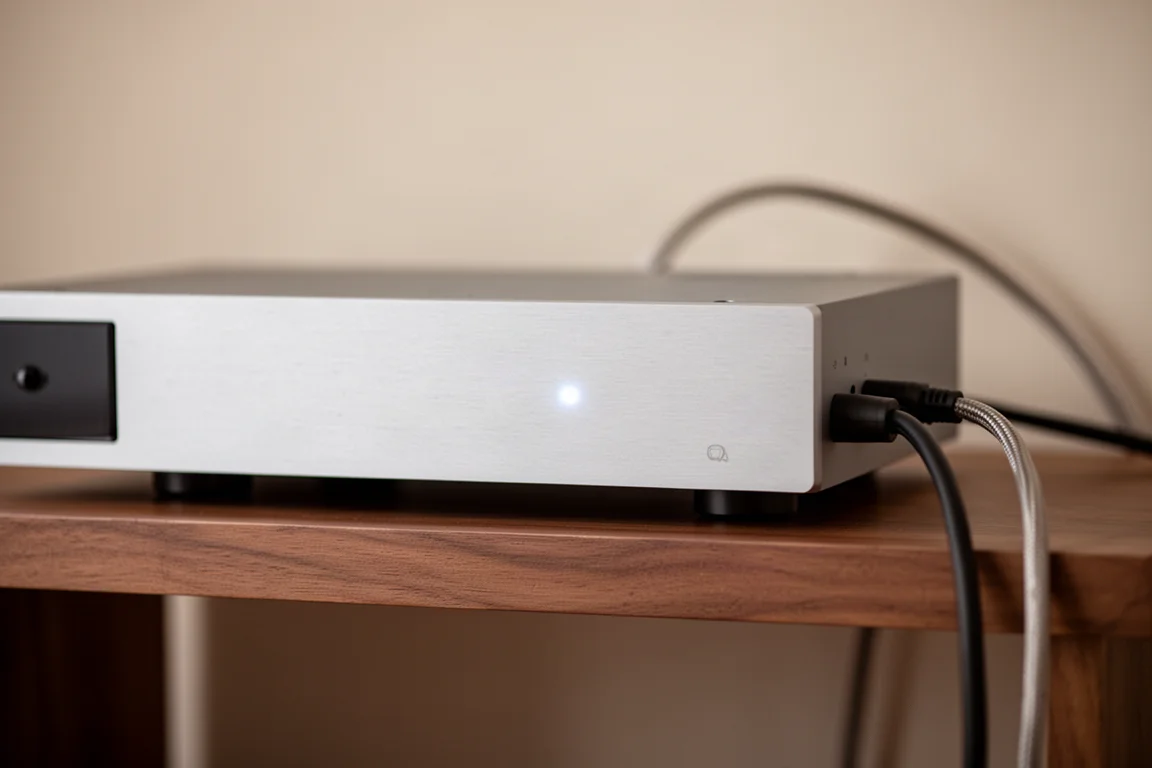 Brushed aluminium stereo amplifier on a wooden shelf with a cable in soft focus