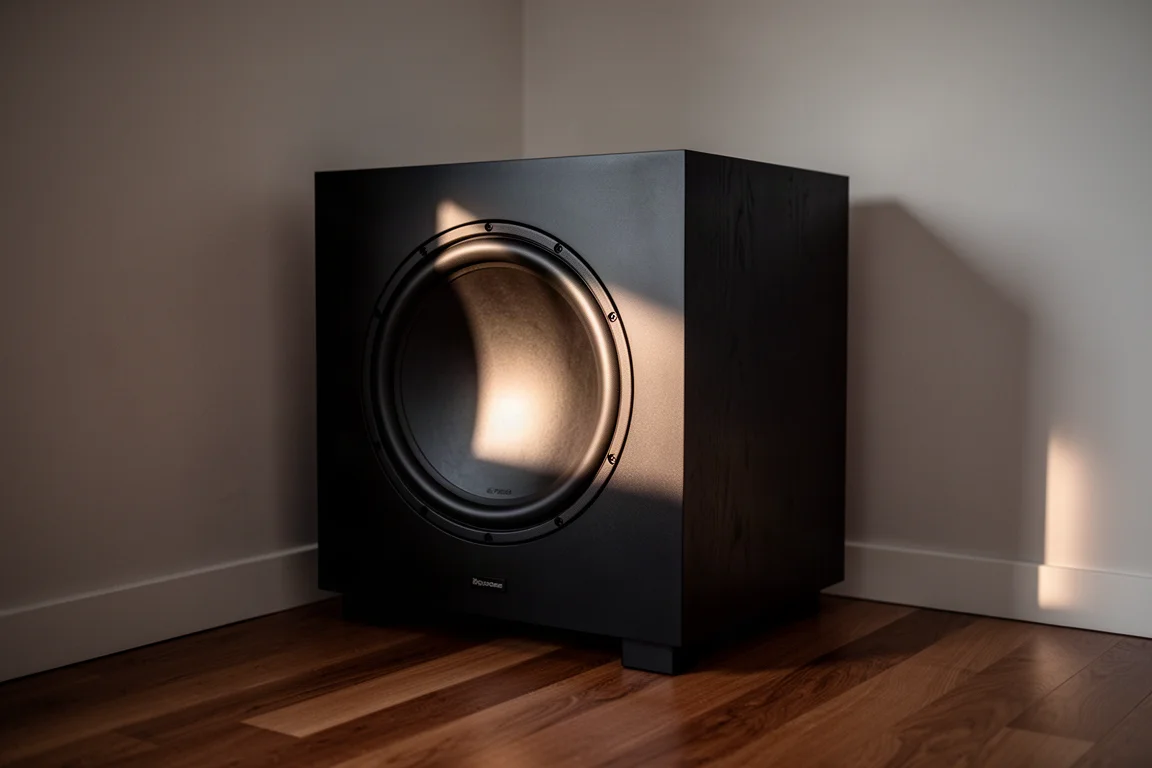 Large black subwoofer cabinet in the corner of a minimalist listening room