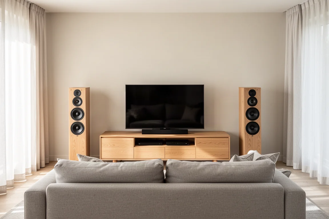 Living room with floorstanding speakers flanking a media console and a sofa