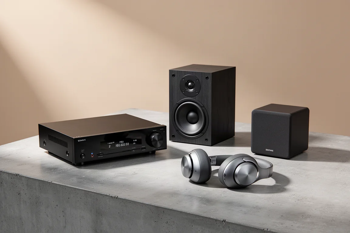 Home audio components including an AV receiver, speaker, headphones and subwoofer on concrete