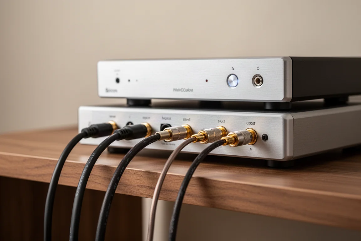 Close-up van optische en coaxiale kabels aangesloten op compacte metalen audiocomponenten op een plank