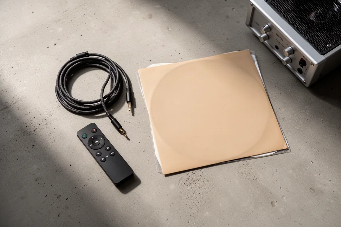 Bovenaanzicht van luidsprekerkabel, een afstandsbediening en een vinylhoes op beton