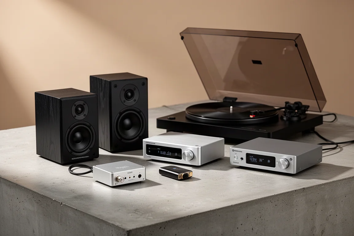 Compact hi-fi components including bookshelf speakers, amplifier, DAC and turntable on concrete