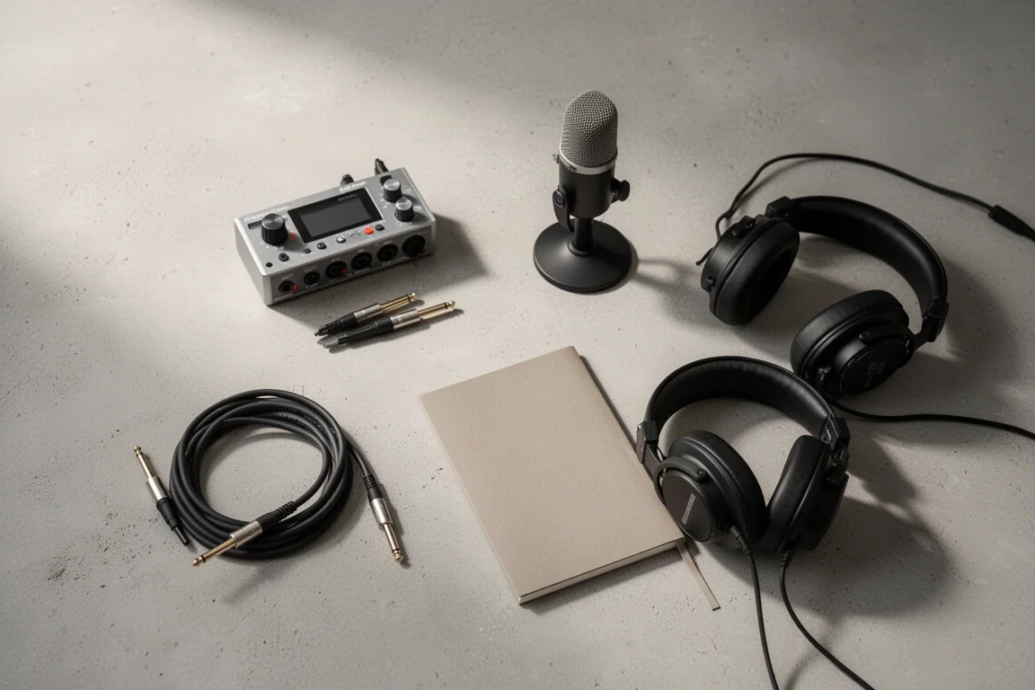 Overhead flat-lay of a home studio desk with interface, microphone, cables and headphones