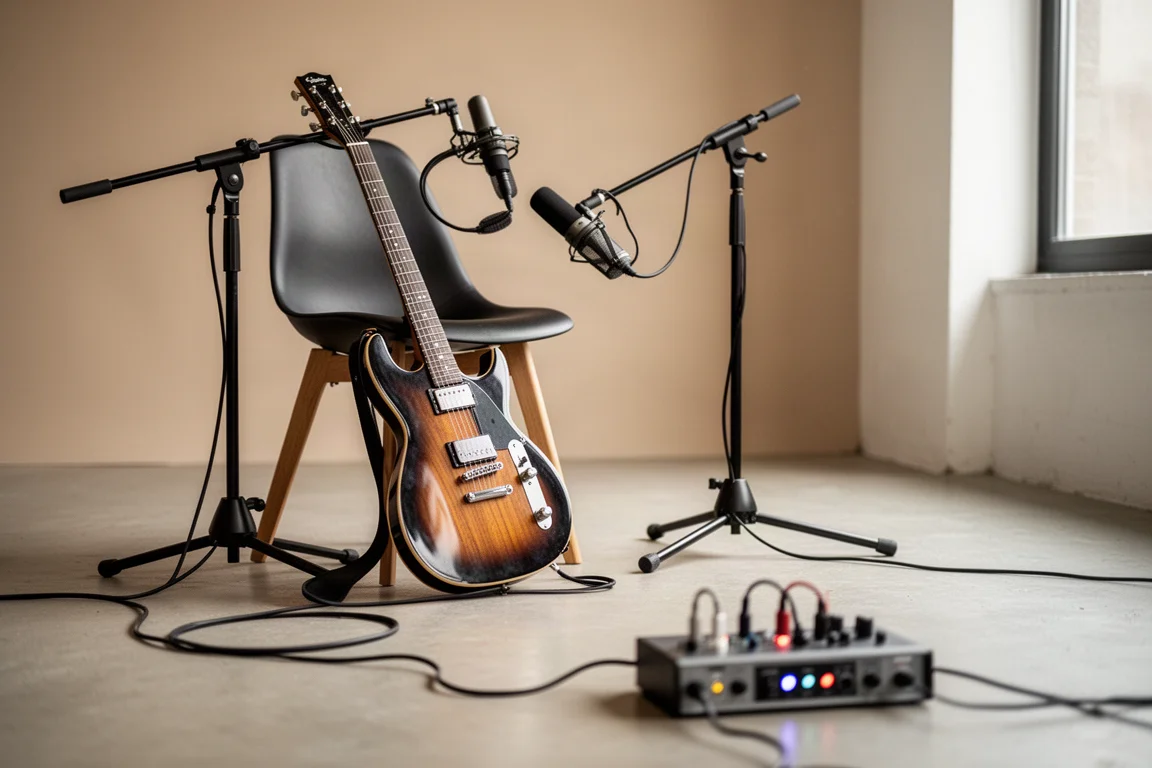 Electric guitar and microphone on a boom stand beside a studio chair with cables